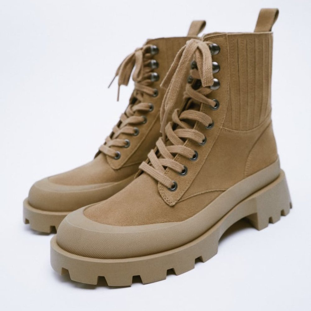 New Zara LUG SOLE LACE-UP LEATHER ANKLE BOOTS size US 6.5 Sandy Brown